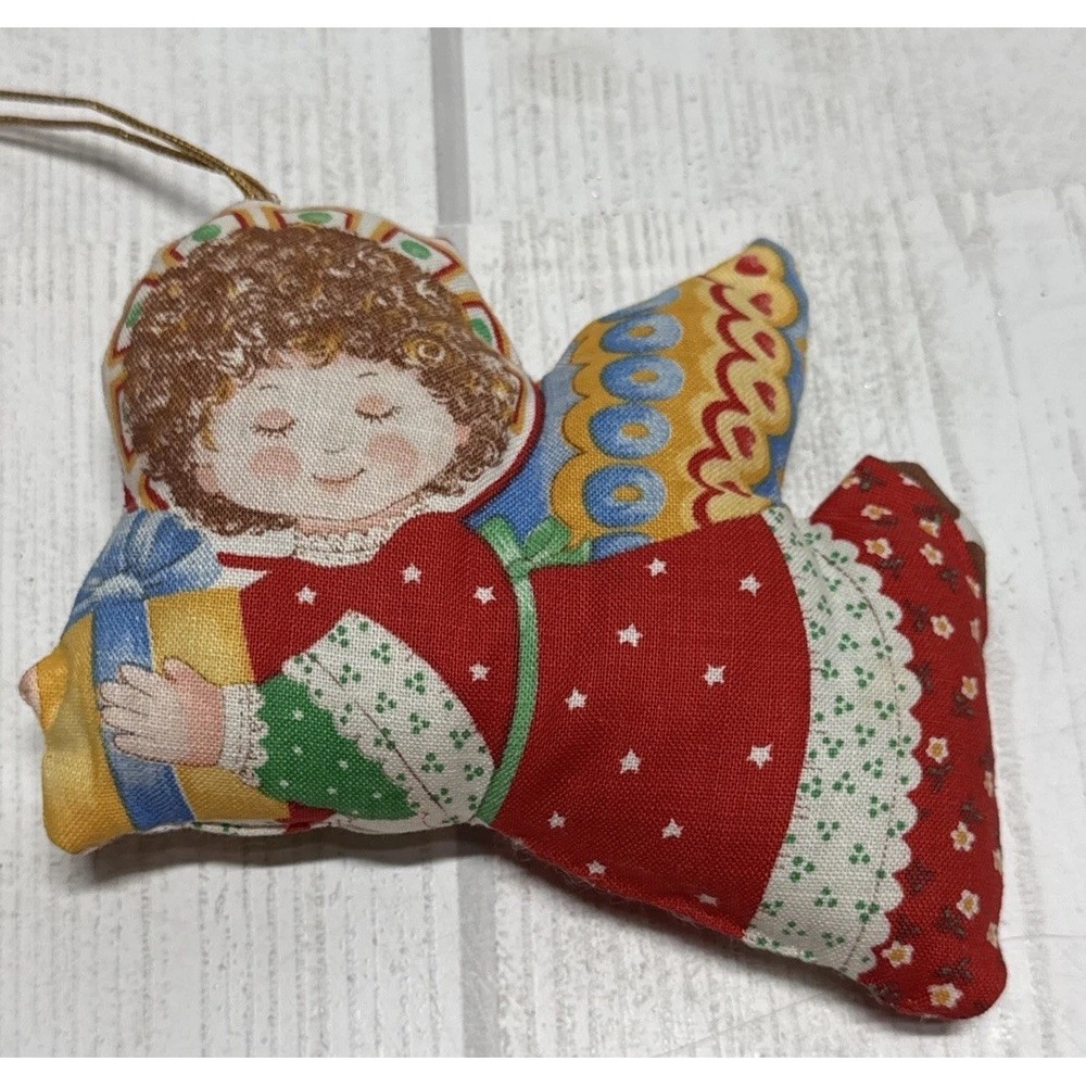 Vintage Handmade Cloth Angel Christmas Ornament red Holding present